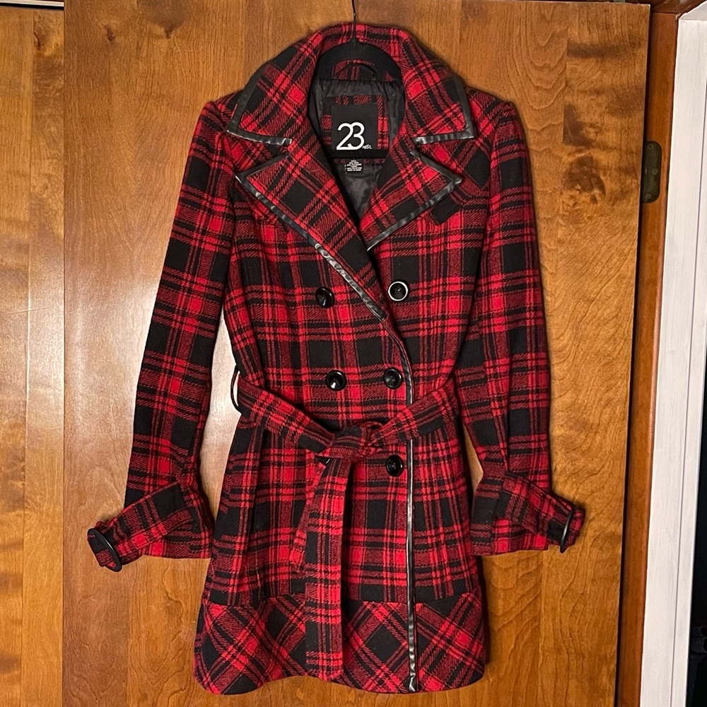 23rd St. Red Black Plaid Belted Wool Double Breasted Coat